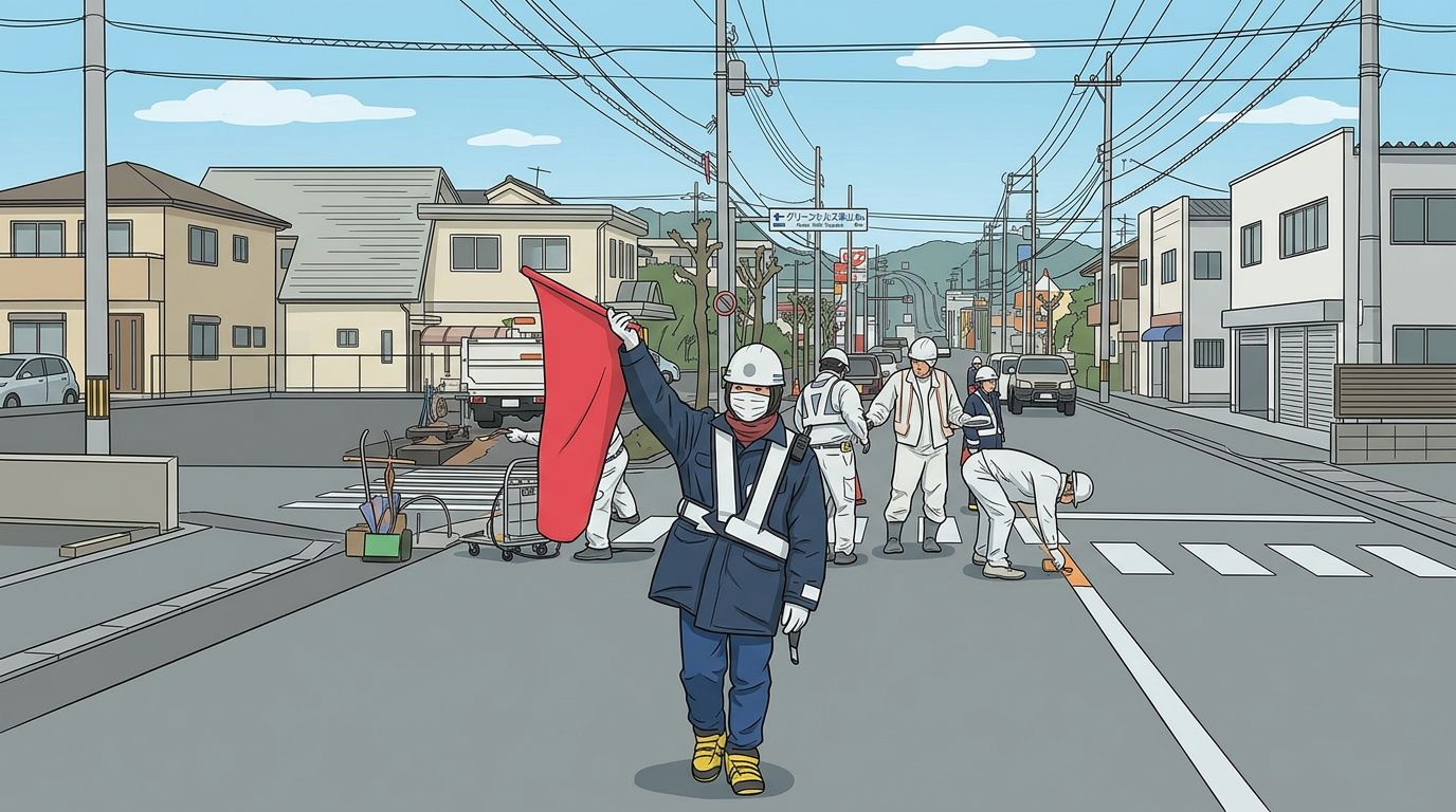 住宅街の工事現場で交通誘導警備を行うスタッフのイラスト