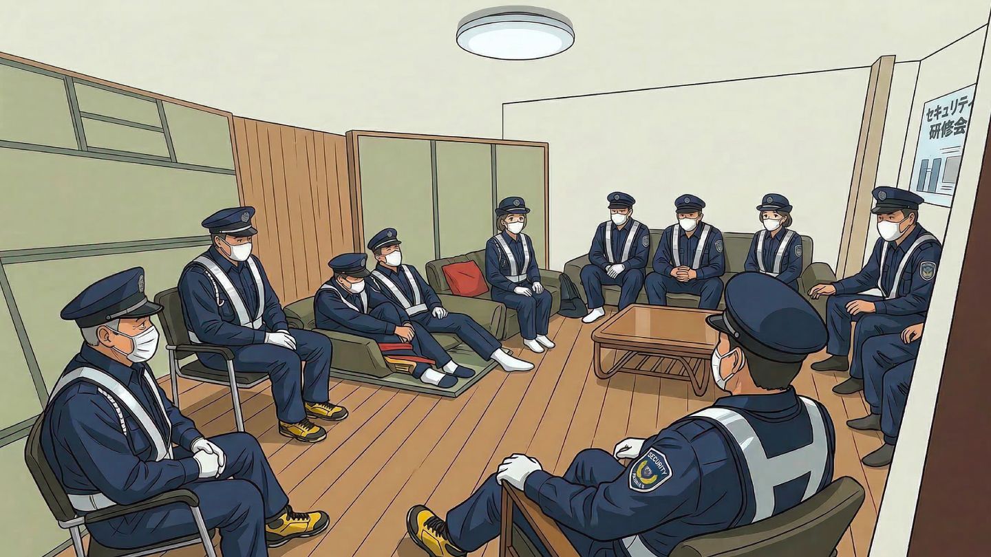 セキュリティ研修会に参加するNEX警備員のイラスト