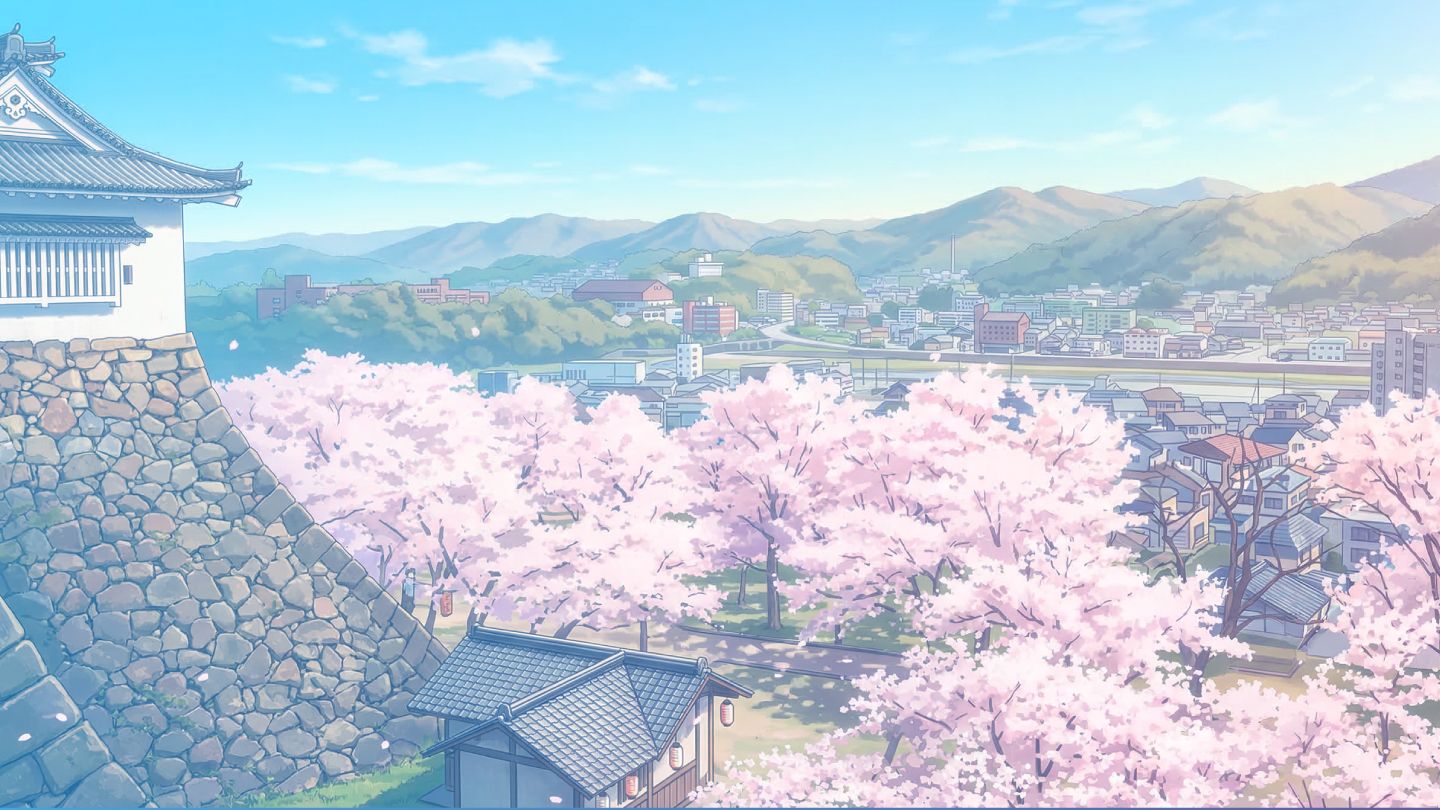 城と満開の桜が広がる津山の街並みのイラスト