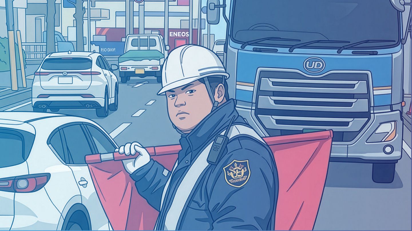 交差点で交通誘導を行うNEX警備員のイラスト