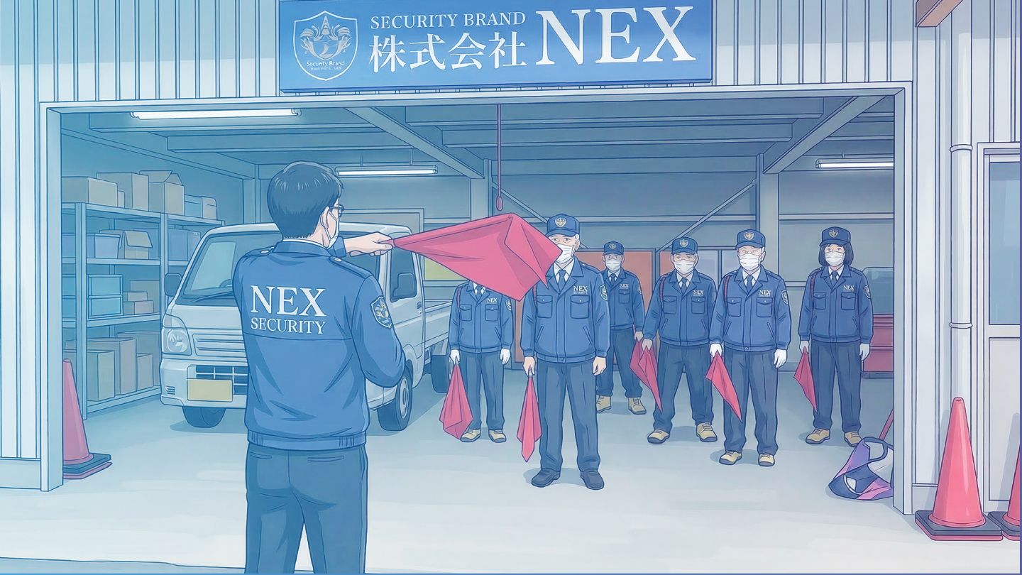 NEX警備員が出発前の点呼・朝礼を受けているイラスト