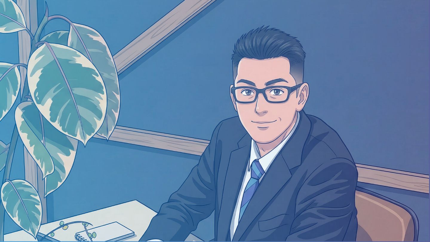 デスクに座る株式会社NEX代表者のイラスト