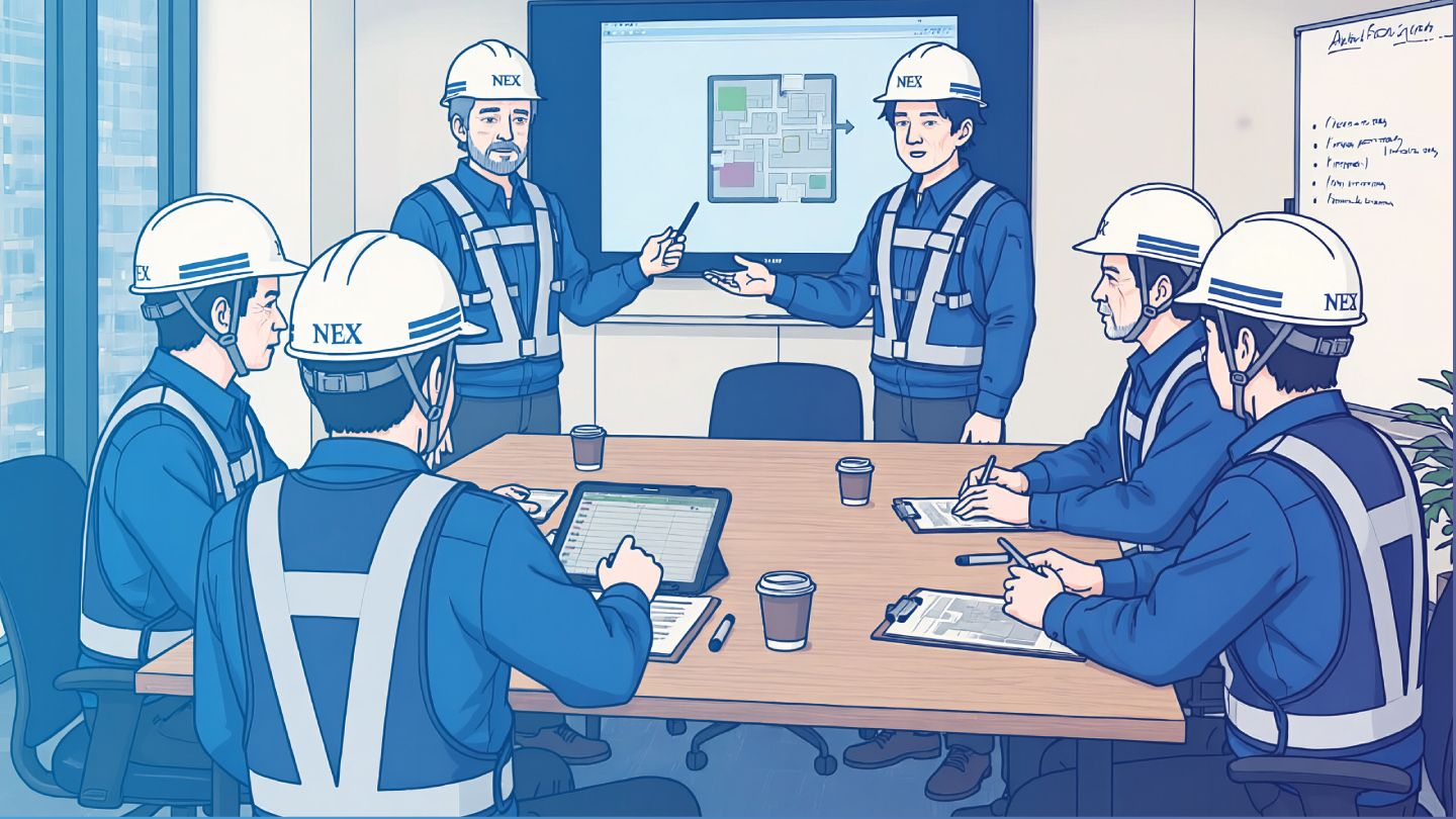 NEX警備員チームが会議室でミーティングするイラスト