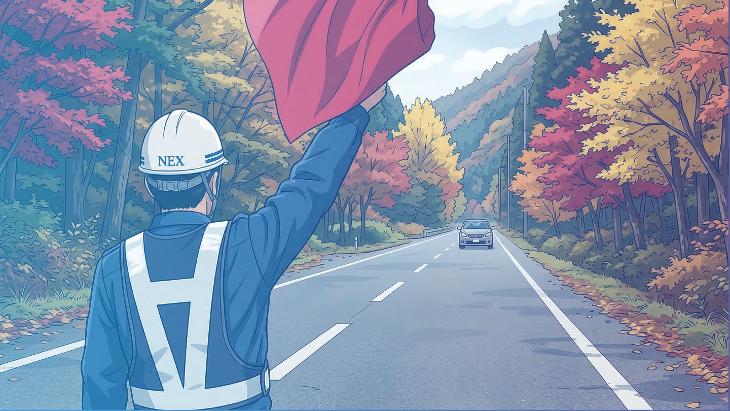 紅葉の山道で交通誘導するNEX警備員のイラスト